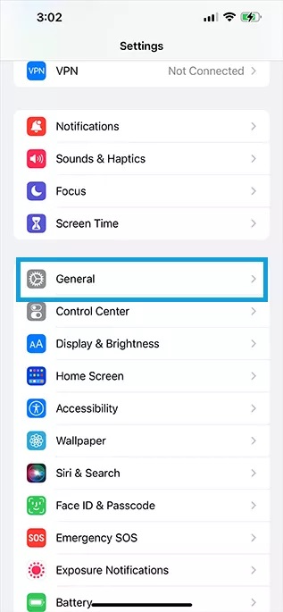 General Menu in iOS Settings